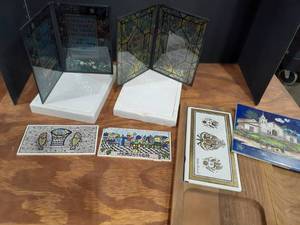 lot 6023 image: 2 Seriglass by Yorkaft and painted tiles.