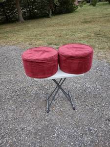 lot 838 image: 2 round ottomans can be used as footstool or seat 20 in across 12 in tall