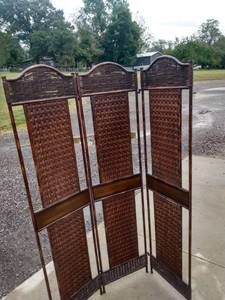 lot 865 image: three panel metal and wicker room divider 52 in wide 68 in tall