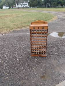 lot 868 image: wood wine rack with two drawers will hold up to 54 bottles of wine 23 in wide 16 inches deep 51 in tall