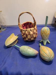 lot 3494 image: Basket and wooden fruit