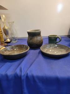 lot 3525 image: 2 bowls coffee cup and vase made out of clay