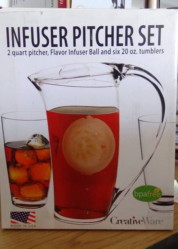 lot 4098 image: Creative Ware 8-Piece Tumbler and Infuser Pitcher Set, 6 20 oz Tumblers, 66 oz Pitcher and Infuser Ball