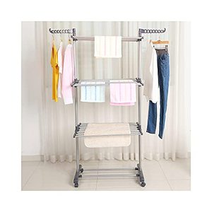 lot 3520 image: Kentaly Clothes Drying Rack, Large 3-Tier Rolling Folding Dryer Hanger Storage Collapsible Garment Rack Standing Rack with Foldable Wings and Casters for Indoor Outdoor