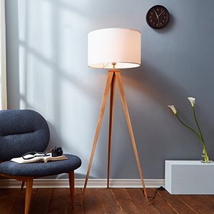 lot 3546 image: Teamson Home Romanza Tripod Metal Legs LED Floor Lamp Tall Standing Reading Light with Drum Shade Wooden Like Finish for Living Study Room, Bedroom, and Office, 60 inch Height, White