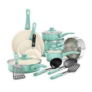 lot 3568 image: GreenLife Soft Grip Healthy Ceramic Nonstick, Cookware Pots and Pans Set, 16 Piece, Turquoise
