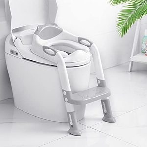 lot 3587 image: Victostar Potty Training Seat with Step Stool Ladder, Foldable Potty Training Toilet for Kids Boys Girls Toddlers-Comfortable Cushion Safe Handle Anti-Slip Pads (Gray)