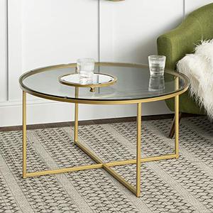lot 3592 image: Walker Edison Cora Modern Round Faux Glass Top Coffee Table with X Base, 36 Inch, Glass and Gold