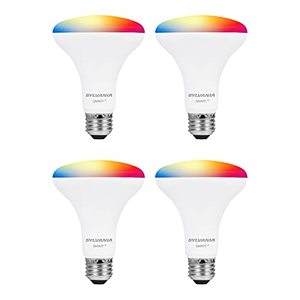 lot 3619 image: SYLVANIA Wifi LED Smart Light Bulb, 65W Equivalent Full Color and Tunable White BR30, Dimmable, Works with Alexa and Google Home Only - 4 Pack (75688)