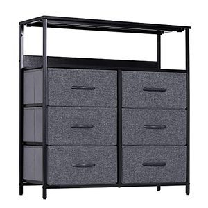 lot 3635 image: LYNCOHOME 6 Drawers Dresser with Shelves - Storage Cabinet for Bedroom, Closet, Office Organization, Storage Tower Organizer with Sturdy Steel Frame, Wood Top, Removable Fabric Drawers(Gray)