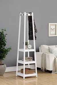 lot 3758 image: Roundhill Furniture Vassen Coat Rack with 3-Tier Storage Shelves, White Finish