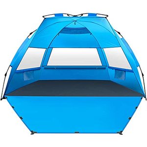 lot 3852 image: MIRUS Pop Up Beach Tent, Deluxe XL Sun Shade Shelter for 3-4 Person with UPF50 Protection, Extendable Floor & 3 Ventilating Windows Carrying Bag Stakes and Guy Lines
