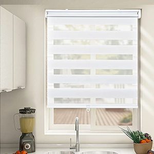 lot 3869 image: TFSKY Cordless Sheer Dual Layered Zebra Roller Shades for Window Treatments, Light Filtering Horizontal Window Blinds for Privacy Light Control, 52 W x 72 H, White