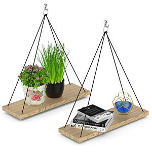 lot 3871 image: AIBICOM Set of 2 Wall Hanging Shelves- Wood Hanging Rope Shelf-Floating Shelves for Living Room, Bedroom, Kitchen and Entryway-Triangle Farmhouse Wood Shelves-Hanging Plant Shelf