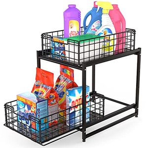 lot 3878 image: FavoThings Under Sink Cabinet Organizer 2-Tier Stackable Storage Shelf with Sliding Baskets Drawers for Kitchen, Bathroom, Office, Black