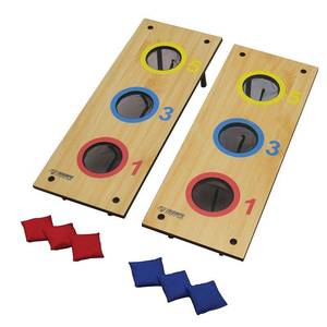 lot 47629 image: Triumph 2-in-1 Three-Hole Bags and Washer Toss Combo with 2 Game Platforms Featuring On-Board Scoring, 6 Square Toss Bags, and 6 Washers