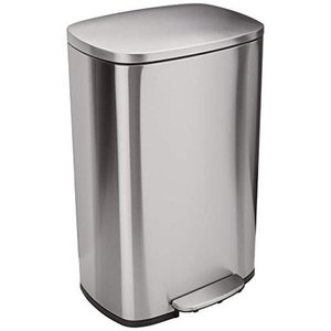 lot 47892 image: Basics Rectanglular, Stainless Steel, Soft-Close, Step Trash Can, 50 Liter 13.2 Gallon, Satin Nickel DAMAGED Has dents