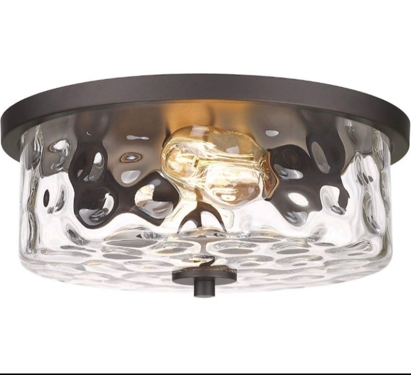 lot 1076 image: Odeums Indoor Flush Mount Lights, Interior Exterior Ceiling Lights Fixture, Antique Bronze Finish with Clear Hammered Glass