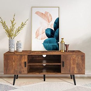 lot 20915 image: IWELL Mid-Century Modern TV Stand for TVs up to 55 Inch, Boho TV Console with 2 Storage Cabinet for Living Room, TV Stand & Entertainment Center for Media Cable Box, Rustic Brown