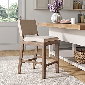 lot 20923 image: Nathan James 21501 Linus Modern Upholstered Counter Height Bar Stool with Back and Solid Rubberwood Legs in a Wire-Brushed Gray Finish, Natural FlaxBrown