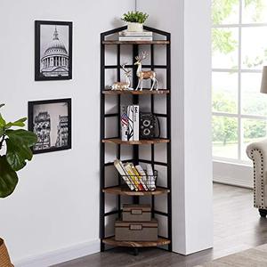 lot 20924 image: Hombazaar 5-Shelf Industrial Corner Bookcase and Shelf, Standing Tall Corner Bookshelf Display Unit Storage Rack for Home Livingroom Small Space, Retro Brown Finish