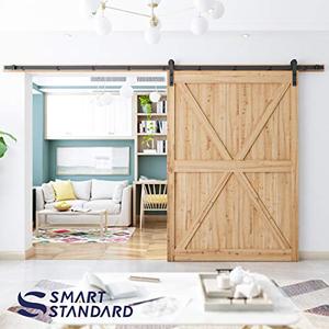 lot 20931 image: SMARTSTANDARD 12ft Heavy Duty Sturdy Sliding Barn Door Hardware Kit - Smoothly and Quietly - Easy to Install - Includes Step-by-Step Installation Instruction Fit 72 Wide Door Panel(I Shape Hanger)