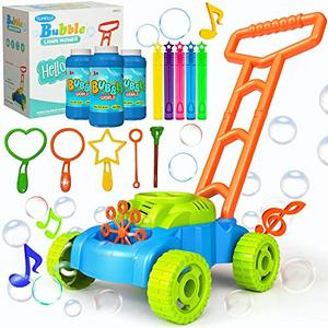 lot 11168 image: JUMELLA Lawn Mower Bubble Machine for Kids - Automatic Bubble Mower with Music, Baby Activity Walker for Outdoor, Push Toys for Toddler, Christmas Birthday Gifts for Preschool Boys Girls 2-6 Years Old