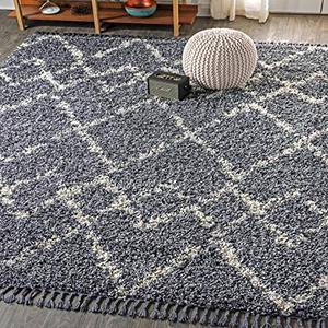 lot 11030 image: JONATHAN Y Mercer Plush Tassel Moroccan Tribal Geometric Trellis, Shags,EasyCleaning,Bed,Living Rms,Non Shedding Area Rugs, 8 X 10, Denim BlueCream