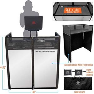 lot 11033 image: AxcessAbles ES-01 Event Podium DJ Table Facade, 2ft 9 Standing Desk Height, 39.5 W x 19.5D Work Surface. Video Light Projector Display Booth. Portable with Carrying Bag, Black, White Scrim.