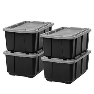 lot 11035 image: IRIS 27 Gallon Utility Tough Tote, 3 Pack, Black with Gray Lid  Bonus