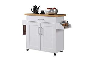 lot 11045 image: Hodedah Kitchen Island with Spice Rack, Towel Rack & Drawer, White with Beech Top