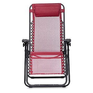 lot 11049 image: Amazon Basics Outdoor Textilene Adjustable Zero Gravity Folding Reclining Lounge Chair with Pillow, Burgundy