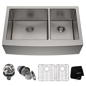 lot 11112 image: Kraus KHF203-33 Standart PRO Kitchen Stainless Steel Sink, 32.88, 33 Inch Round Apron 6040 Double Bowl