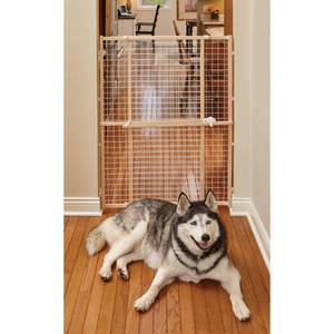 lot 11121 image: Wood Pet Gate 44 High Featuring New Patented Latch System, Wire Mesh Dog Gate Expands 29-41 Inches Wide