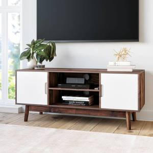 lot 11149 image: Nathan James Wesley Scandinavian TV Stand Media Console with Brown Frame and White Cabinet Doors
