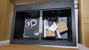lot 11153 image: KRAUS 33 Inch Dual Mount 5050 Double Bowl Granite Kitchen Sink w Topmount and Undermount Installation in Black Onyx