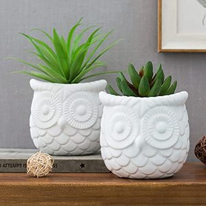 lot 11191 image: MyGift 4-inch White Owl Design Ceramic Succulent Planter Pots, Set of 2