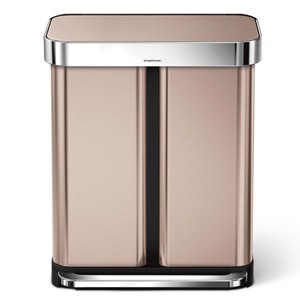 lot 54972 image: simplehuman 58 ltr Dual Compartment Rectangular Step Trash Can Rose GoldStainless Steel