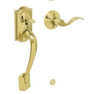 lot 54995 image: Schlage FE285 CAM 505 GEO Camelot Bright Brass Handleset Less Deadbolt with Geor