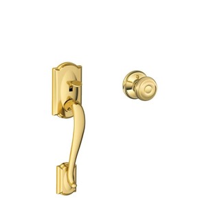lot 54996 image: Schlage FE285 CAM 505 GEO Camelot Bright Brass Handleset Less Deadbolt with Geor