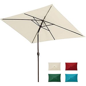 lot 12931 image: DOIFUN Rectangular Patio Umbrella UV Protect Outdoor Umbrella Market Table Umbrellas with Push Button Tilt, Crank and Velcro Strap for Lawn, Garden, Deck, Backyard & Pool (6.5 x 10 ft, Beige)