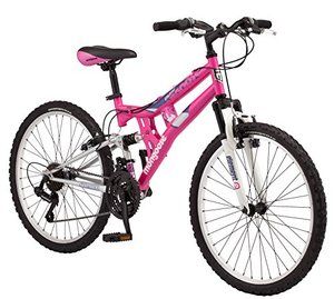 lot 12958 image: Mongoose Exlipse Full Dual-Suspension Mountain Bike for Kids, Featuring 15-InchSmall Steel Frame and 21-Speed Shimano Drivetrain with 24-Inch Wheels, Kickstand Included, Pink