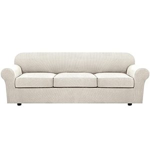 lot 12973 image: H.VERSAILTEX 4 Piece Stretch Sofa Covers for 3 Cushion Couch Covers for Living Room Furniture Slipcovers (Base Cover Plus 3 Seat Cushion Covers) Upgraded Thicker Jacquard Fabric (XL Sofa, Ivory)