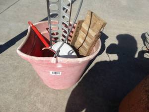 lot 1765 image: Plastic feed bucket enamelware pot & misc.