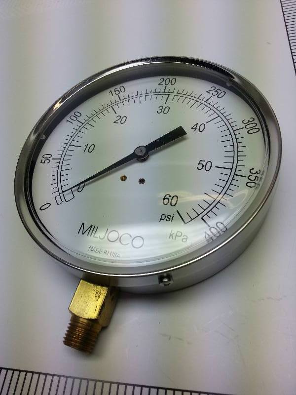 lot 9189 image: New Miljoco contractor pressure gauge dual read 60 PSI 400 kPa Stainless 5 OD