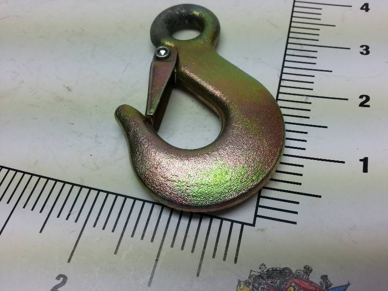 lot 8973-2 image: Forged steel Hoist or cherry picker J hook with spring loaded safety clip and hole attaching
