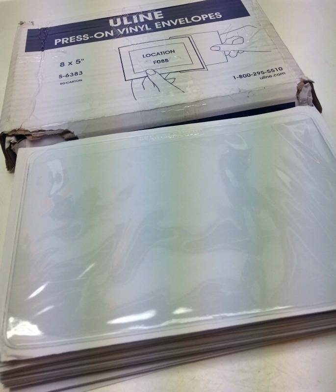 lot 9231 image: Package of 50 new Uline S-6383 Press-On 8 X 5 Vinyl Envelopes ADHESIVE BACK.
