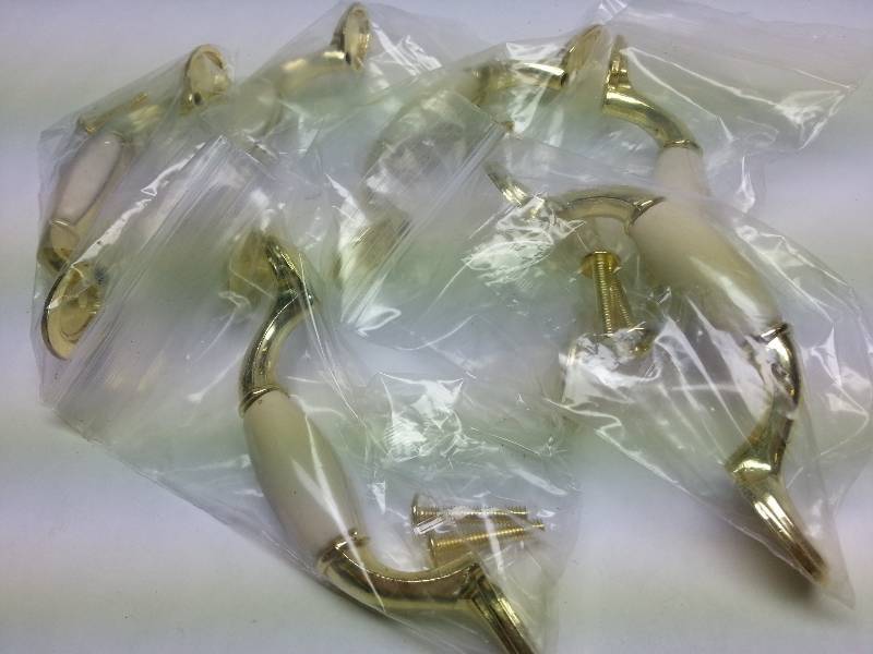 lot 9232-2 image: New set of 6 beautiful Bone colored Brass plated drawer pull handles with screws 3 screw centers.