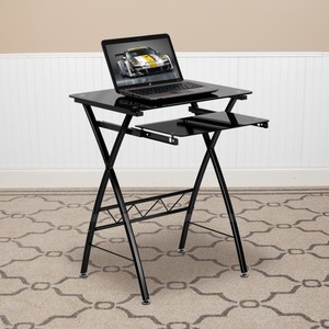 lot 44264 image: Black Tempered Glass Computer Desk with Dark Gray Upholstered Contemporary Chair