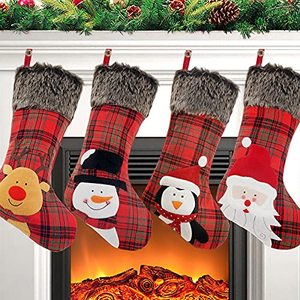 lot 1060 image: COOLWUFAN Christmas Stocking, 4 Pack 19 Xmas Stockings with Penguin Santa Snowman Reindeer and Plush Faux Fur Cuff Family Pack Stockings for Xmas Holiday Family Party Decorations. MISSING 1 STOCKING. 3 ONLY.